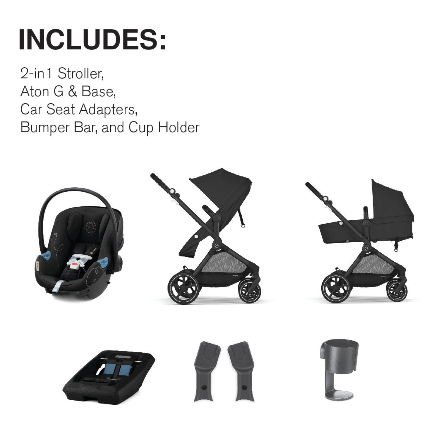 Cybex EOS 5-in-1 Travel System Stroller + Lightweight Aton G Infant Car Seat - Black / Moon Black