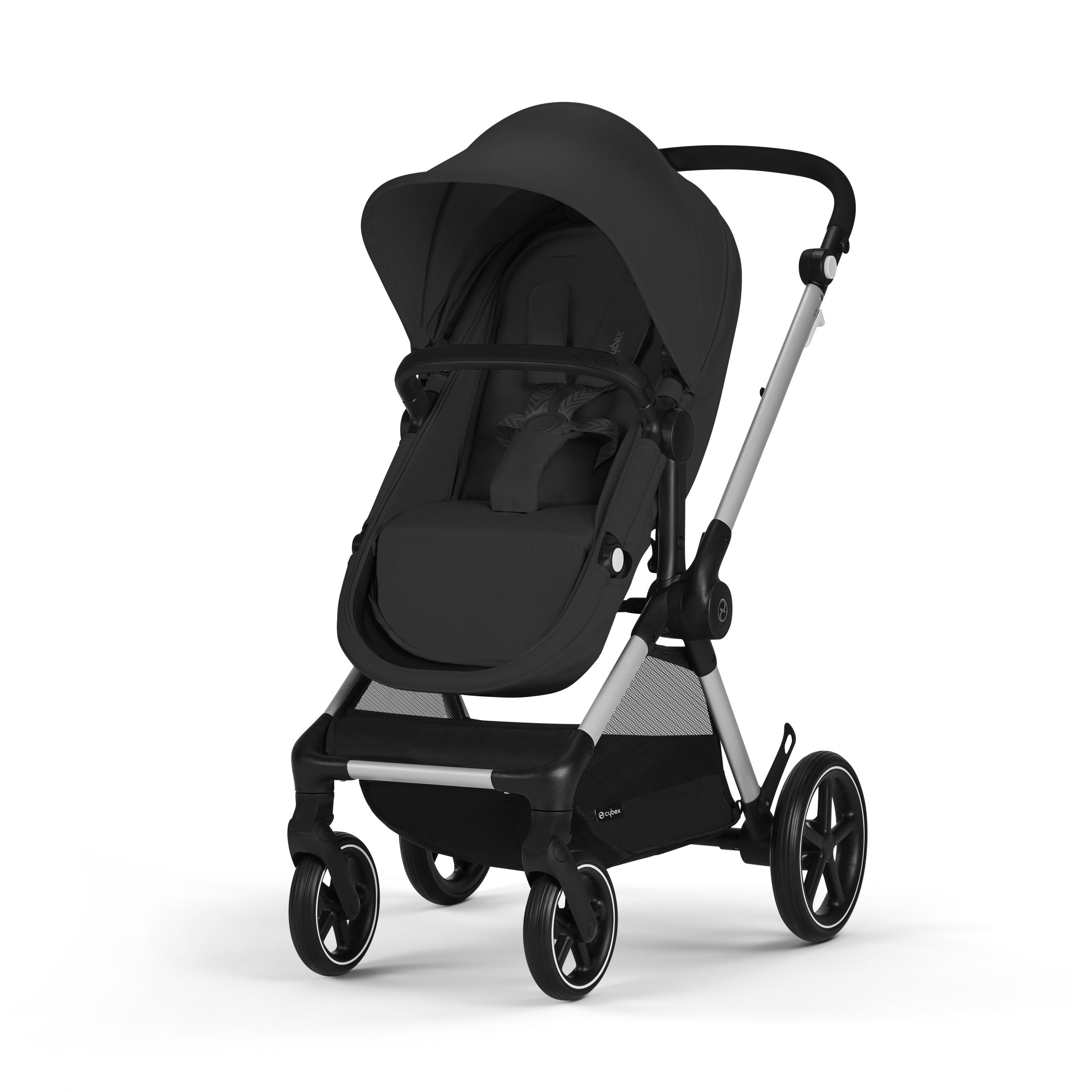Cybex EOS 5-in-1 Travel System Stroller + Lightweight Aton G Swivel with SensorSafe - Silver / Moon Black