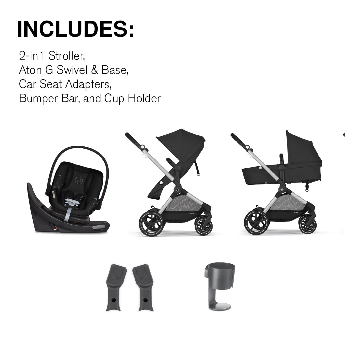 Cybex EOS 5-in-1 Travel System Stroller + Lightweight Aton G Swivel with SensorSafe - Silver / Moon Black