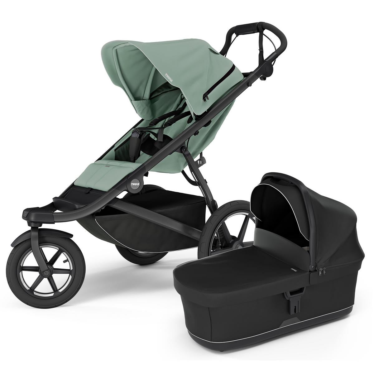 Thule Urban Glide 3 Single Jogging Stroller + Bassinet Bundle - Mist Green / Black