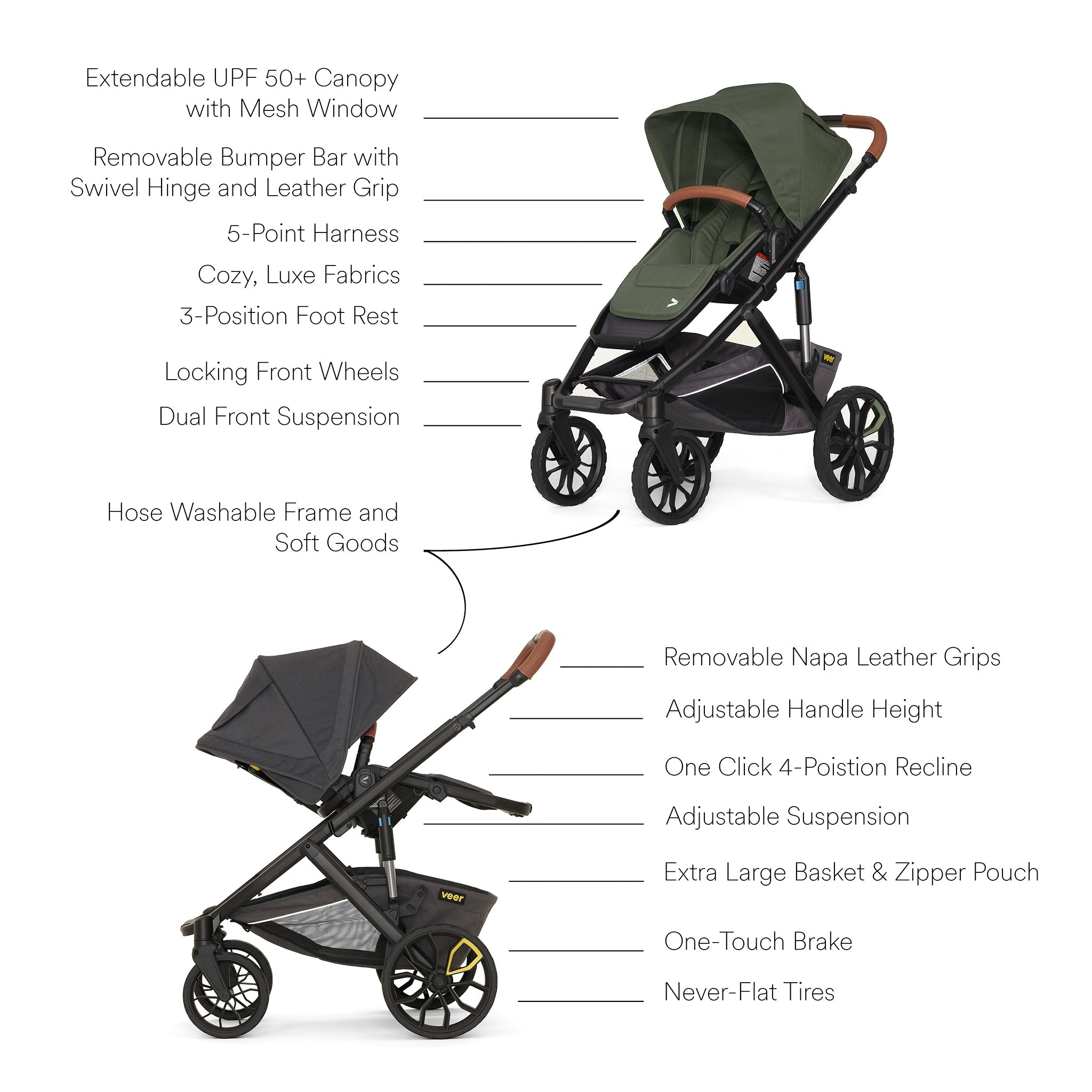 Veer Switch&Roll Luxe Single-to-Double Stroller Bundle with Leather Kit - Green Jasper