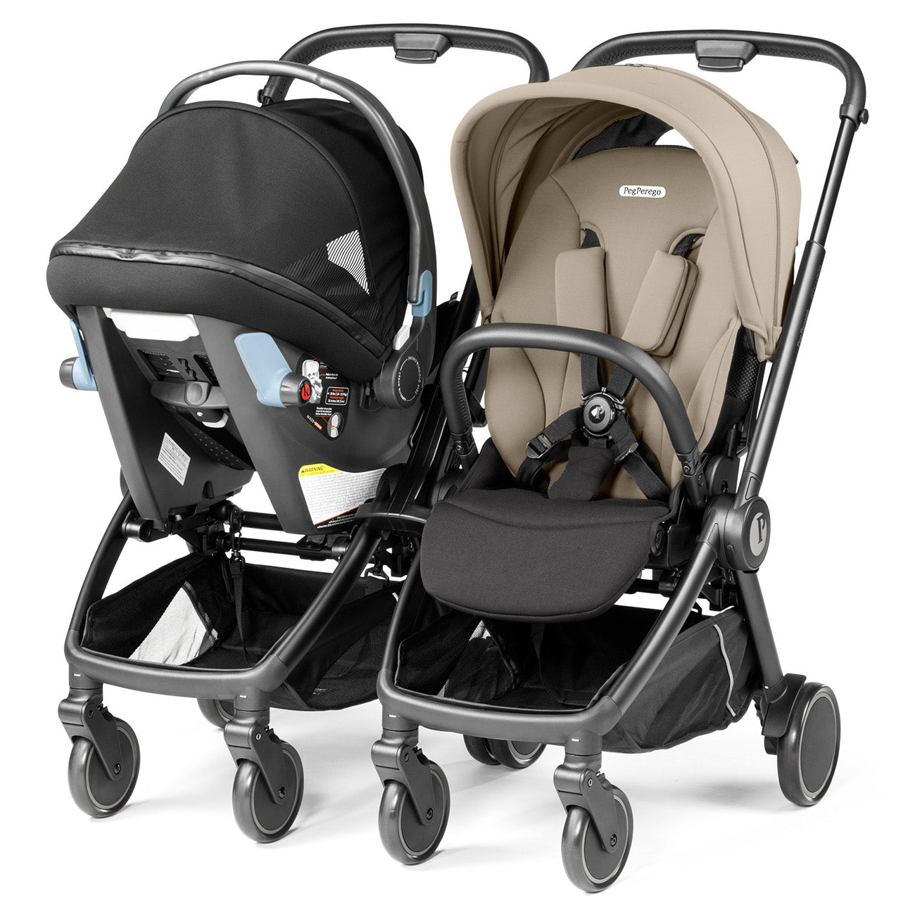 Peg Perego City Loop Double Stroller + Primo Viaggio Lounge Travel System Bundle - Black / True Black / True Black