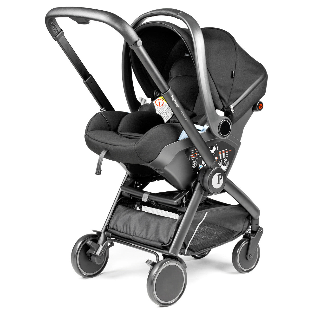 Peg Perego City Loop Double Stroller + Primo Viaggio Lounge Travel System Bundle - Black / True Black / True Black