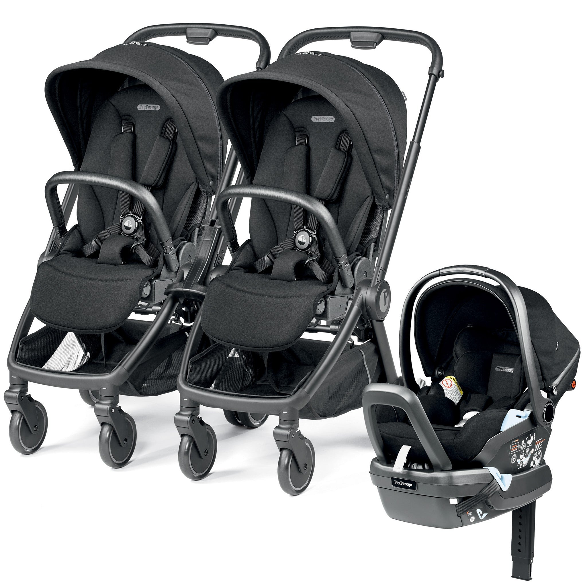 Peg Perego City Loop Double Stroller + Primo Viaggio Lounge Travel System Bundle - Black / True Black / True Black