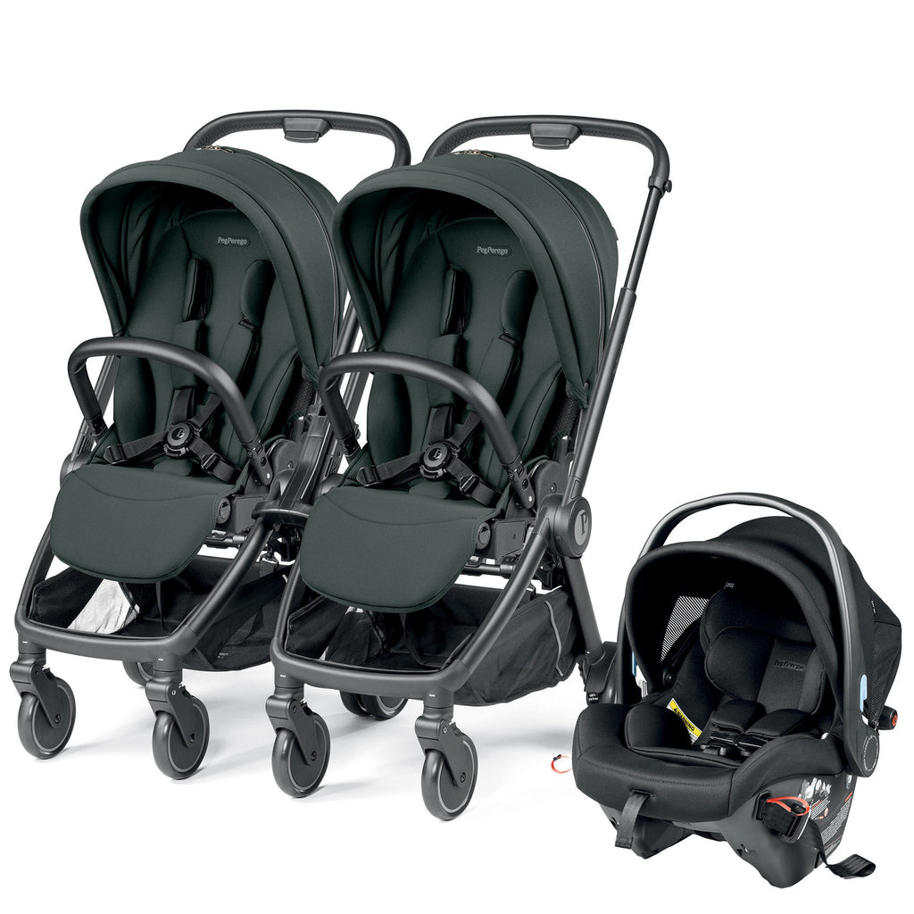 Peg Perego City Loop Double Stroller + Primo Viaggio Urban Mobility Travel System Bundle - Black / Metal / True Black
