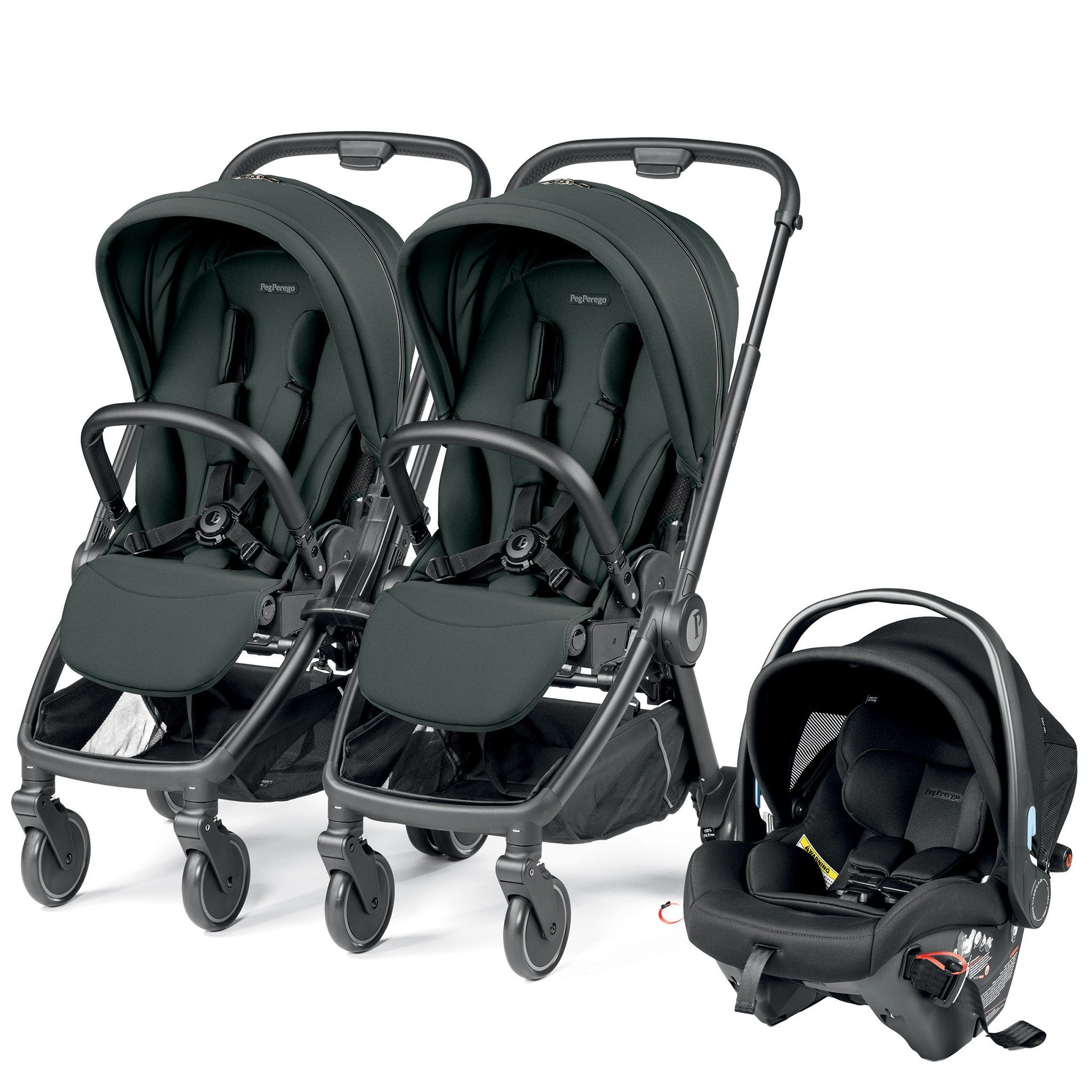 Peg Perego City Loop Double Stroller + Primo Viaggio Urban Mobility Travel System Bundle - Black / Metal / True Black