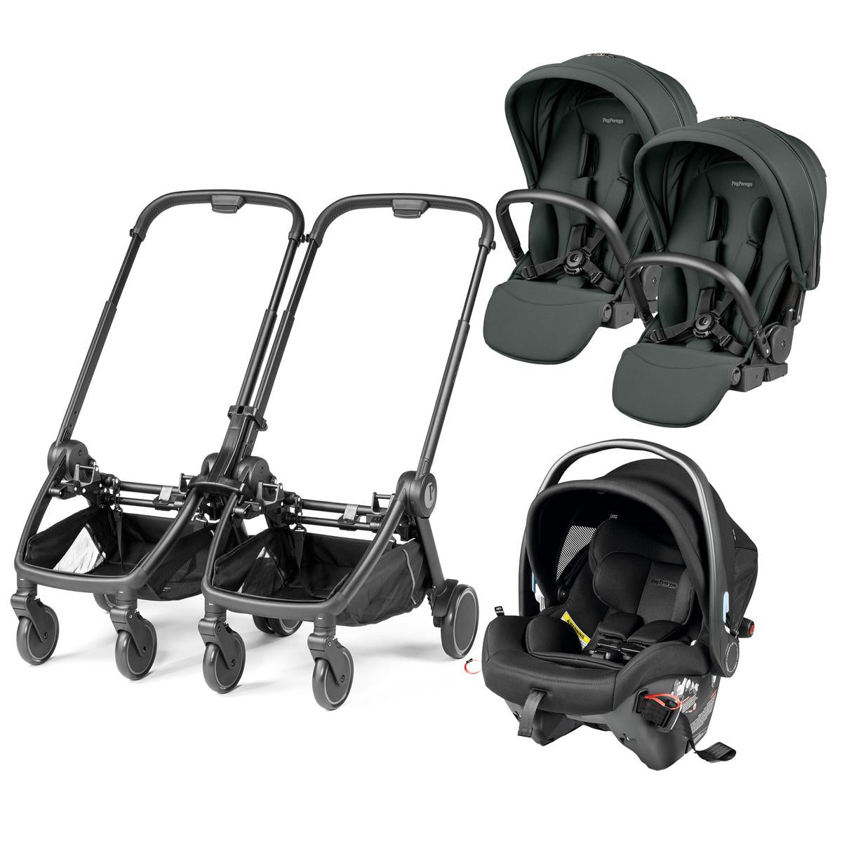 Peg Perego City Loop Double Stroller + Primo Viaggio Urban Mobility Travel System Bundle - Black / Metal / True Black
