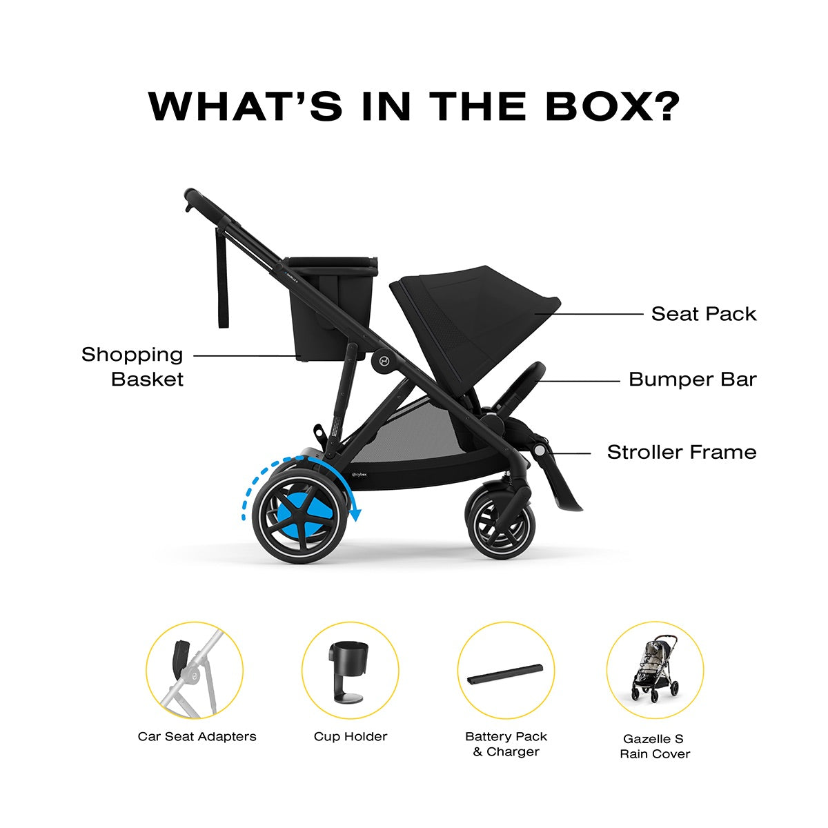 Cybex eGazelle S Electronic Assist Stroller + Gazelle S 2 Cot Bundle - Black Frame / Moon Black