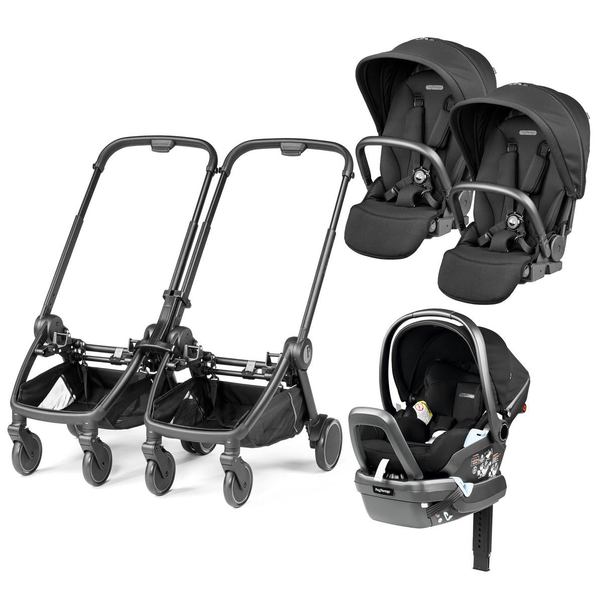 Peg Perego City Loop Double Stroller + Primo Viaggio Lounge Travel System Bundle - Black / True Black / True Black